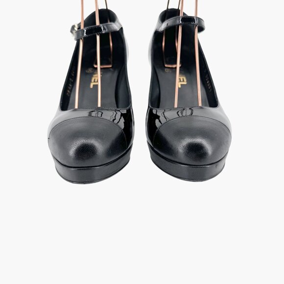 Chanel Platform Pumps Size 38 US 7-7.5 Black Patent Cap Toe Mary Jane Mid Heel - Picture 6 of 15